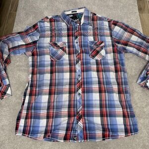 Roar Signature Shirt Mens 3XL Blue Red Plaid Embroidered Western Long Sleeve